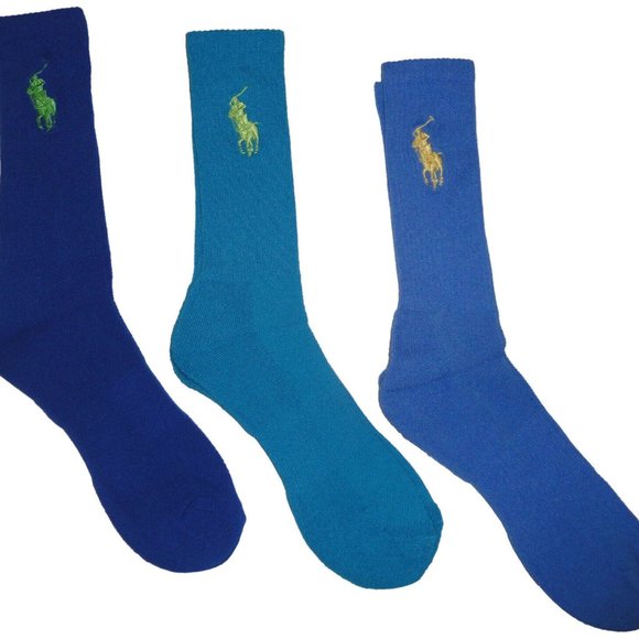 Polo Ralph Lauren Big Pony Crew Socks Blue Tones 3 pk Bright RARE - Picture 1 of 4